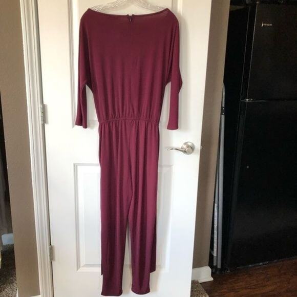 NINA LEONARD Jumpsuit Womens Medium M Wine Red Stretch Waist Belted Half Sleeve - Picture 3 of 10